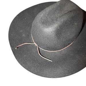 Black Wool Felt Wide Brim Fedora Hat with Brown Leather Cord Accent